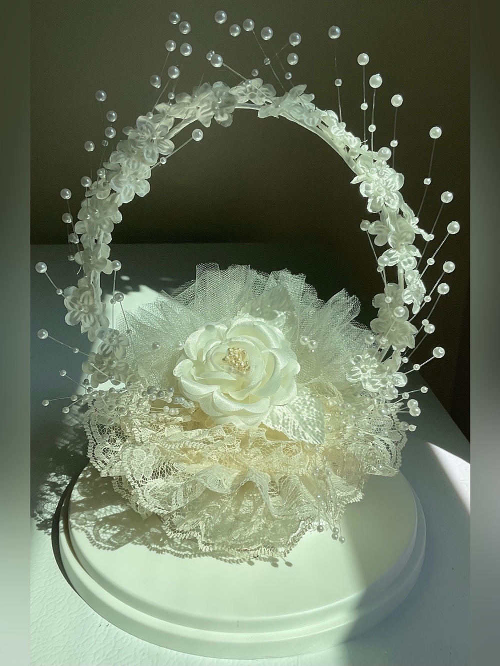 Ivory Floral Lace Wedding Cake Topper Floral Arch with Pearl Accents